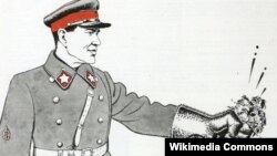 Пропагандистський плакат НКВС СРСР: «Єжов нищить ворогів народу». 1937 рік. В народі Єжова називали «кривавим карликом». Його звинуватили у змові і розстріляли у лютому 1940 року