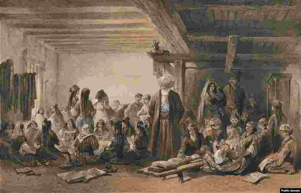 Зображення кримськотатарської школи у невідомому місці в Криму. З близько 500 примірників книги, які були надруковані, один сьогодні зберігається в Бібліотеці ДеГольєра Південного методистського університету США в Техасі.Зображення всередині книги вражають здебільшого втраченим світом, який вони відображають, а також геополітичною важливістю багатьох пам'яток, які зобразив Боссолі