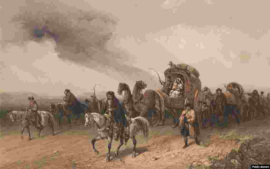 Караван кримських татар, що подорожує рівниною у Криму. Книга під назвою «Прекрасні краєвиди та визначні місця Криму» вийшла друком у 1856 році. Того ж року кримські картини Боссолі були виставлені на огляд допитливої публіки в Лондоні