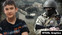 Колаж: школяр із Бердянська Максим Бровченко і російський військовий на тлі окупованого Бердянська