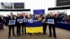 Президент України Володимир Зеленський виступає через відеозв’язок у Європарламенті під час нагородження премією Сахарова «сміливого народу України». Страсбург, Франція, 14 грудня 2022 року