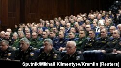 Московський патріарх Кирило (Гундяєв) на засіданні колегії Міністерства оборони Росії. Москва, 21 грудня 2022 року. В Україні очільника РПЦ оголошено в розшук за підтримку війни Кремля проти України