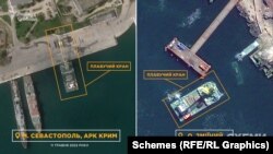 Порівняння плавучих кранів у бухті «Голландія» в Криму (11.05.2022, знімок Planet Labs) та біля берега острова Зміїний (12.05.2022, знімок Maxar)