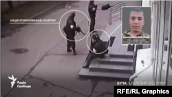 Неідентифікований військовослужбовець російських збройних сил тримає в руках снайперську гвинтівку ВСС «Вінторєз». Поруч із ним на сходах сидить та говорить по рації сержант Борзунов