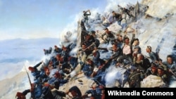 Русские солдаты и болгарские добровольцы отбиваются от османской армии во время обороны перевала Шипка в августе 1877 года. Картина Алексея Попова (1893)
