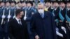 Ukrainian President Volodymyr Zelenskiy (left) and Tayyip Recep Erdogan attend a welcoming ceremony for the Turkish leader in Kyiv on February 3.