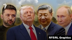 Colaj foto în care apar, de la stânga la dreapta, președinții Ucrainei, Volodimir Zelenski, al SUA, Donald Trump, al Chinei, Xi Jinping, și al Rusiei, Vladimir Putin.
