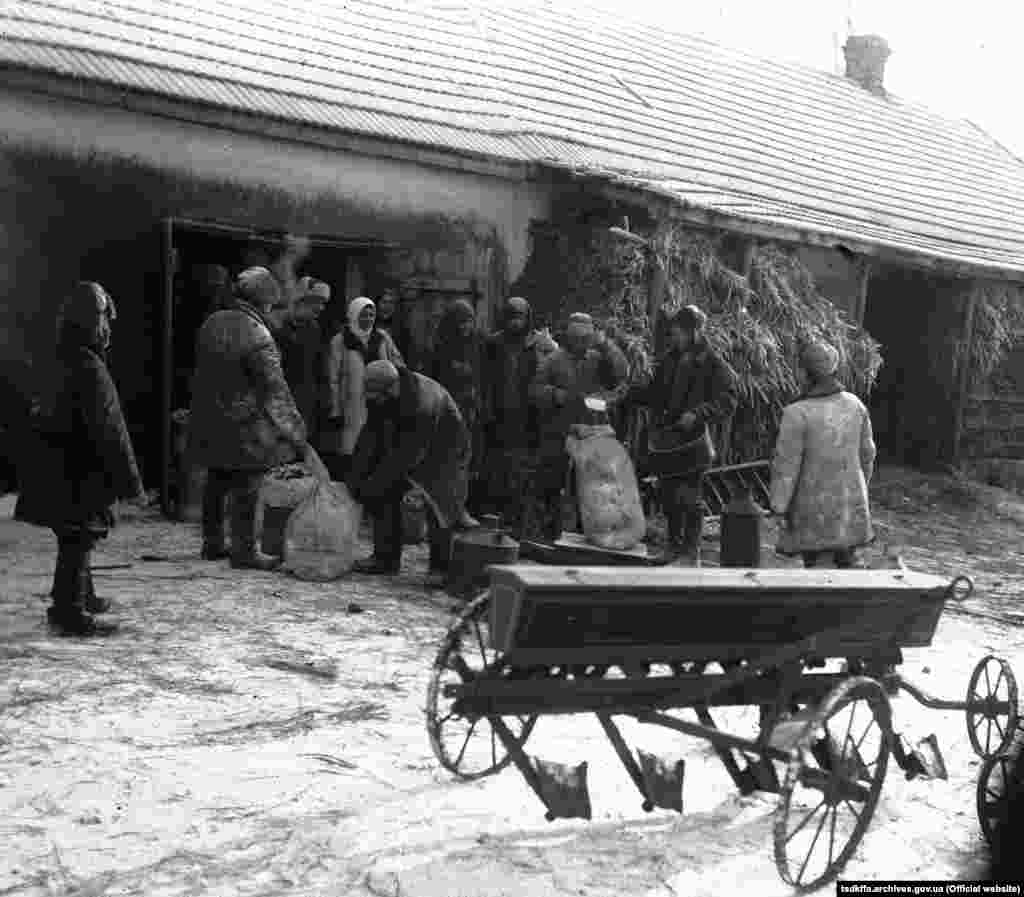 Трудівники колгоспу імені Д. Бєдного, с. Удачне Гришинського району Донецької області, отримують зерно на трудодні, 13 листопада 1931 року