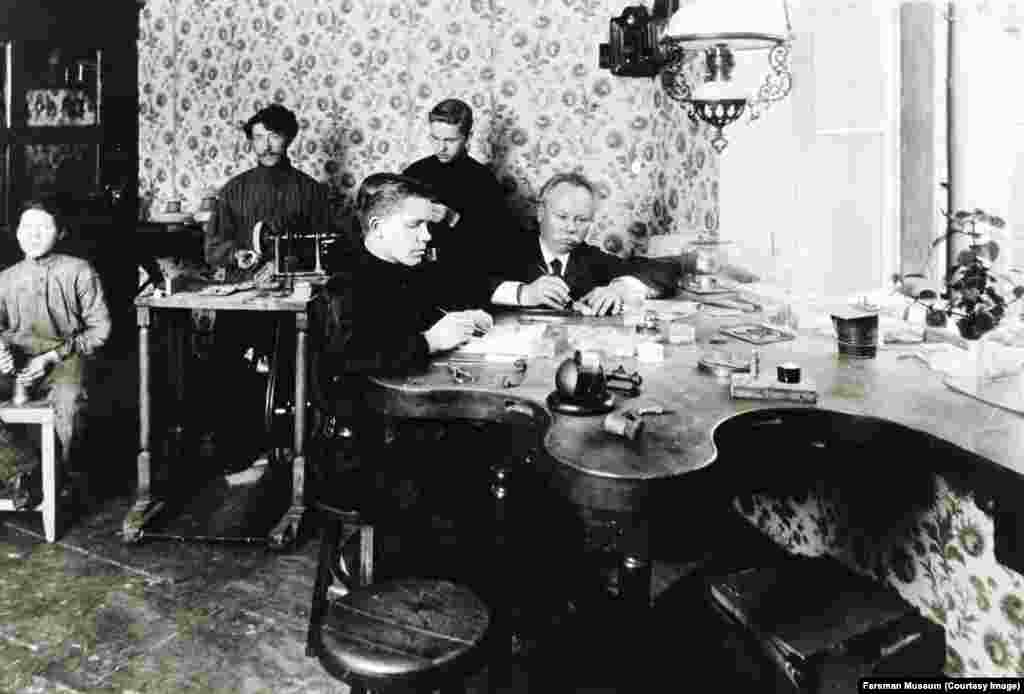A Faberge workshop. At the peak of Faberge's success, he employed 500 jewelers, smiths, and apprentices. Each imperial egg took around a year to complete, sometimes more, before being delivered to the Russian royal family by Faberge himself.