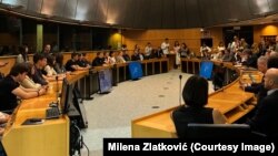 Studenti u blokadi koji su istračli štafetni maraton od Novog Sada do Brisela na sastanku sa članovima Evropskog parlamenta, 13. maj 2025.