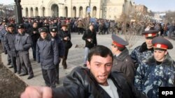 An Armenian protester shouts during opposition rallies in February 2008