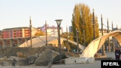 A Serb barricade near the main bridge in Mitrovica.