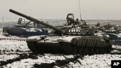 Russian tanks take part in drills in Russia's southern Rostov region last month.