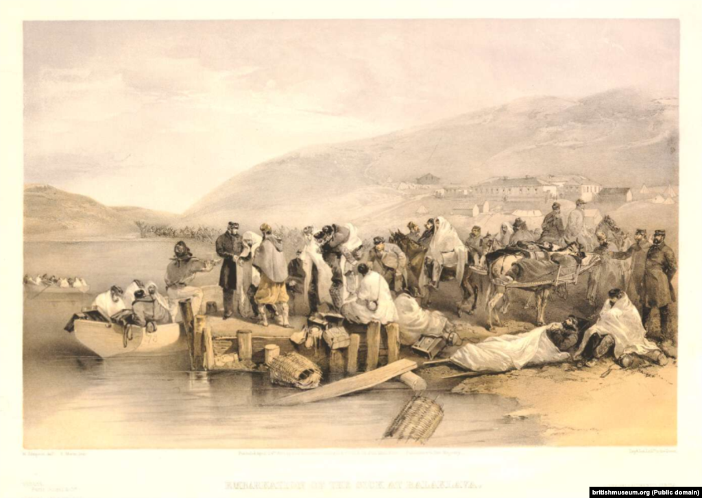 По словам севастопольского историка Константина Колонтаева, за семь лет до начала Крымской войны, в 1846 году, образовалось европейское международное общество «Société d’etudes du canal de Suez», которое ставило перед собой цель начать строительство Суэцкого канала. В этом европейском объединении наиболее видными деятелями были инженеры: француз Талабо, англичанин Стефенсон и австриец генуэзского происхождения Негрелли. Уильям Симпсон – шотландский художник. Во время ожидания падения Севастополя ему было поручено писать картины со сценами взятия города, чтобы после произошедшего опубликовать их в популярной тогда газете «Illustrated London News». Это картина «Раненые ждут эвакуации из Балаклавы»