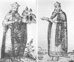 Два окремі зображення на «Княжому портреті» Софійського собору. Вони збереглися лише в замальовках 17-го століття Абрахама ван Вестерфельда. Ліворуч: зображення князя України-Русі Володимира Святославича з моделлю Десятинної церкви. Праворуч: його дружина, княгиня Анна