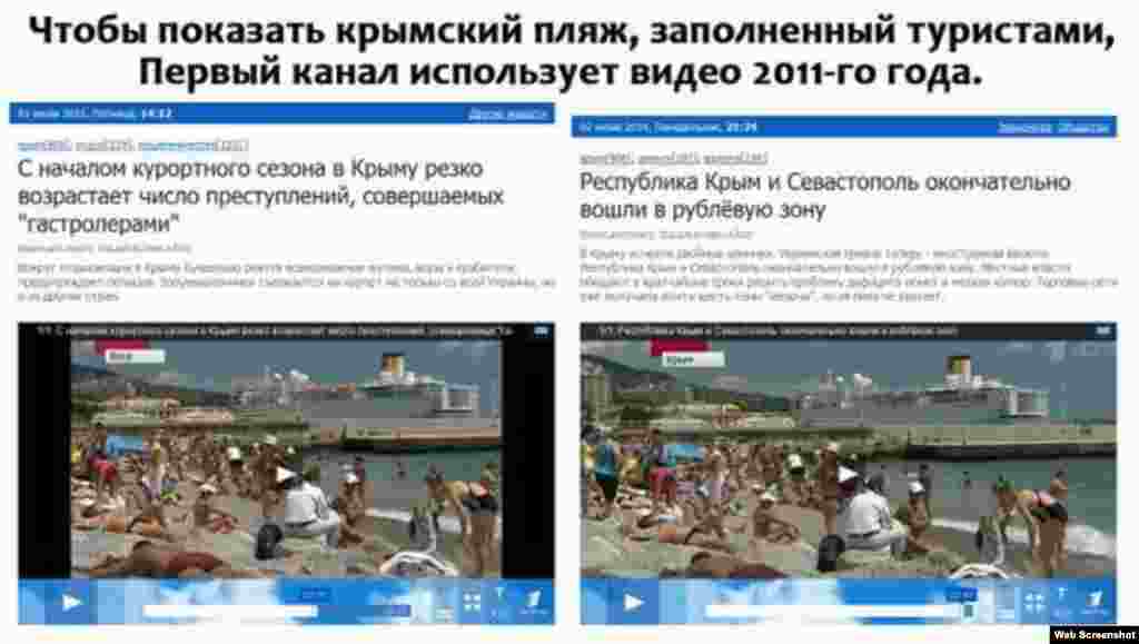 Туристазул цIураб Крымалъул пляж бихьизабиялъе, Россиялъул телевиденияеялъ хIалтIизабулеб буго 2011 соналъ бахъараб видео.    