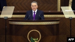 Kazakh President Nursultan Nazarbaev during his annual state of the nation address to parliament in Astana on January 27.