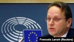 European Neighborhood and Enlargement Commissioner-designate Oliver Varhelyi of Hungary speaks during his hearing before the European Parliament in Brussels on November 14.