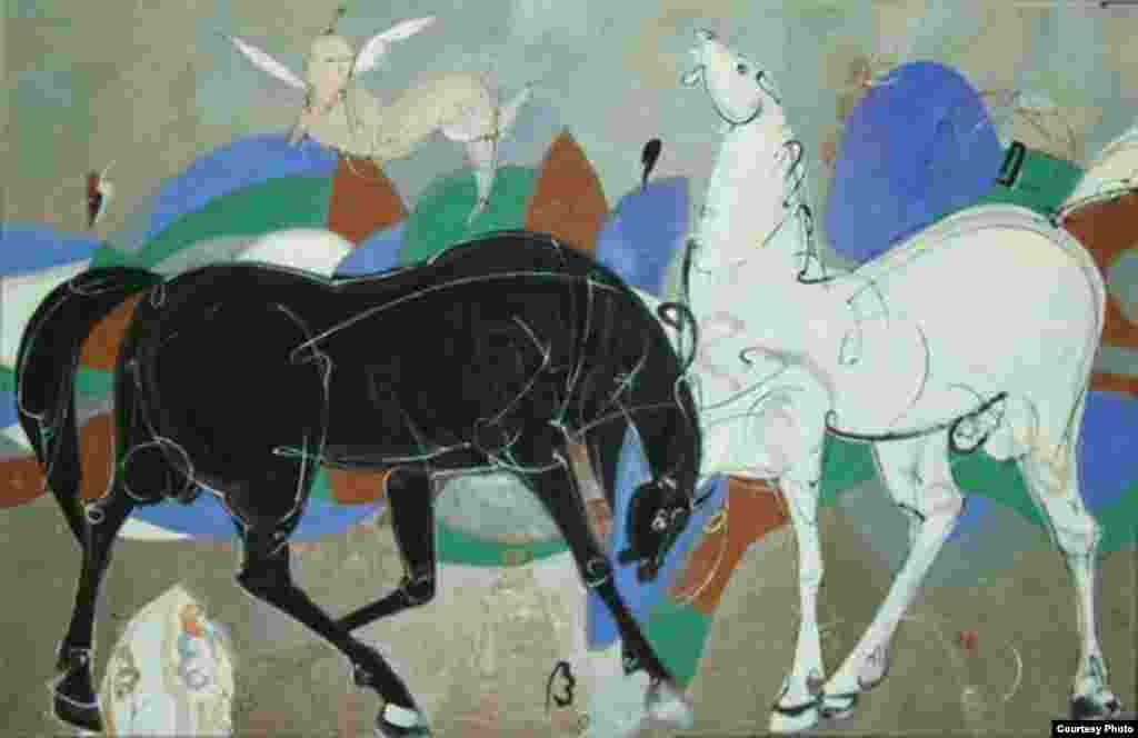 "Black and White" (Mustangs Saga, oil on canvas)