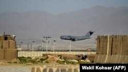 A U.S. Air Force transport plane lands at Bagram Airfield.