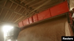 A truck unloads grain at an elevator in the Russian village of Grachevka (file photo)