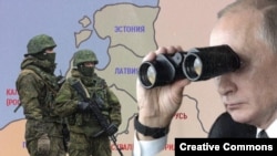 Коллаж Владимир Путин, солдаты РФ, карта стран Балтии