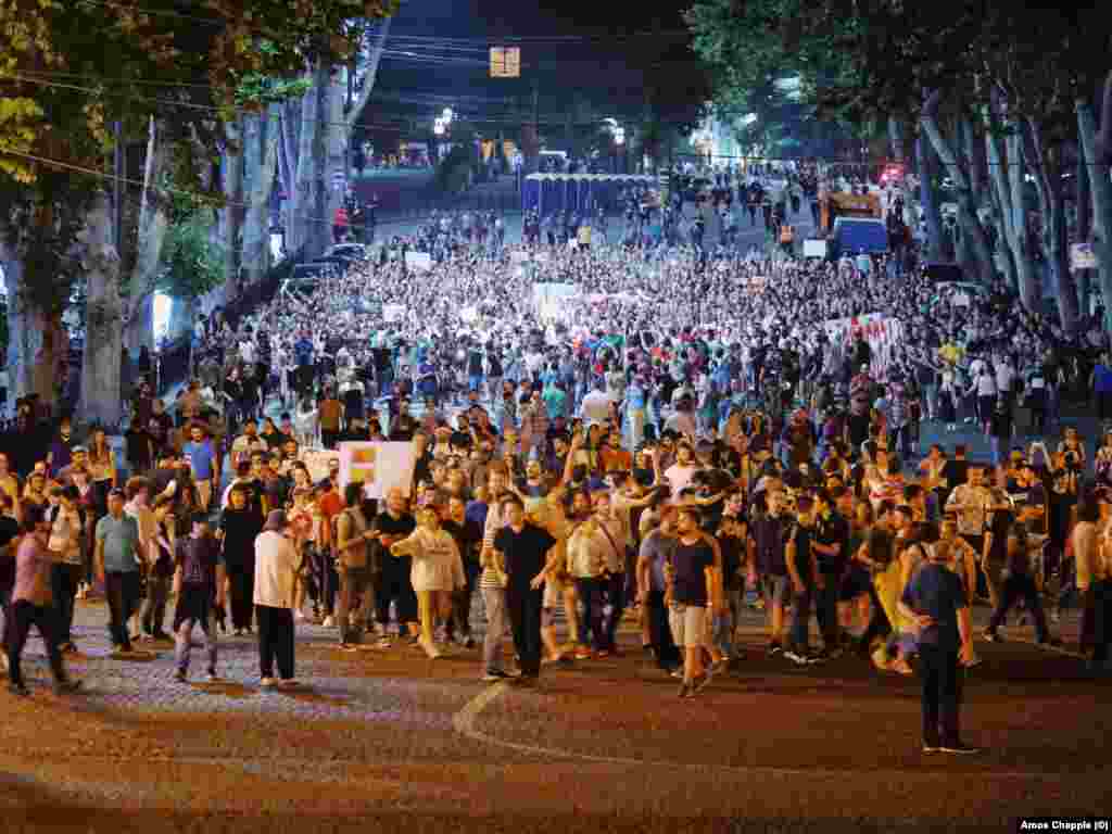 After midnight, protesters left the parliament and marched towards Georgia’s ruling Georgia Dream party headquarters, next to Tbilisi's famous Bridge of Peace.