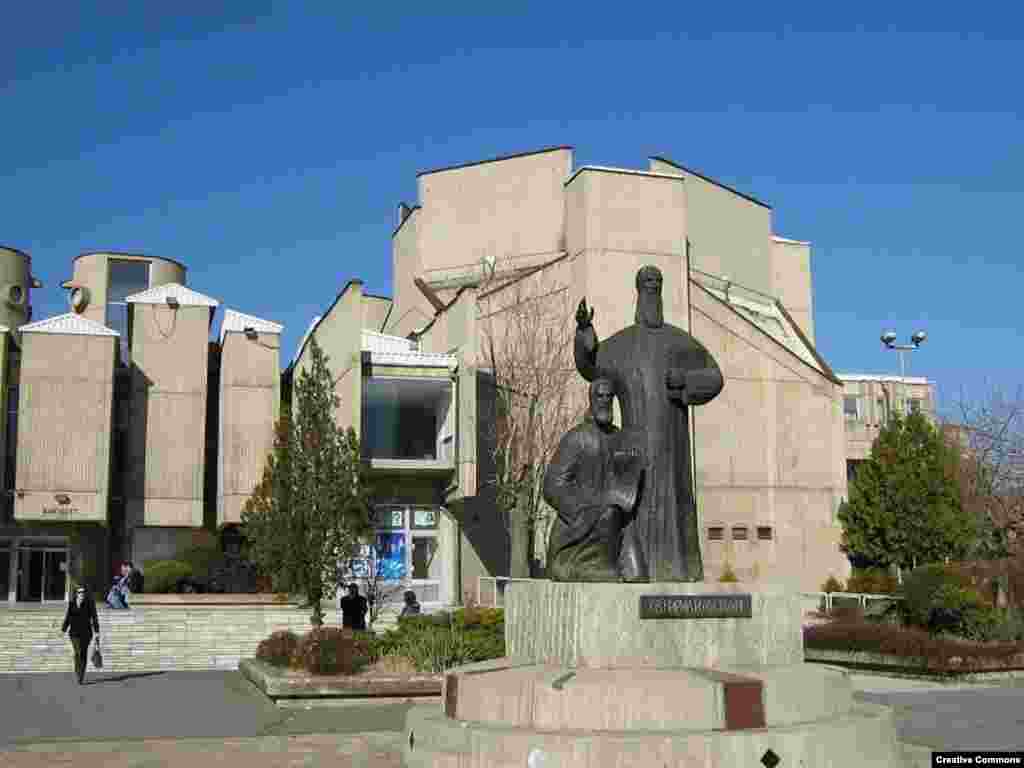 A statue of the early Christian missionaries Cyril and Methodius, known as the "Apostles to the Slavs," outside the state university in Skopje