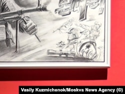 Un detaliu dintr-una dintre schițele care înfățișează soldați ucraineni împușcați mortal sau care fug.