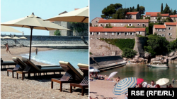 Plaža na Svetom Stefanu (lijevo 2019, desno 28. juna 2021. godine)