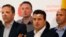 Macedonian Social Democratic leader Zoran Zaev (second from right) and other members of his party injured in the April 27 violence speak to reporters in Skopje on April 28.