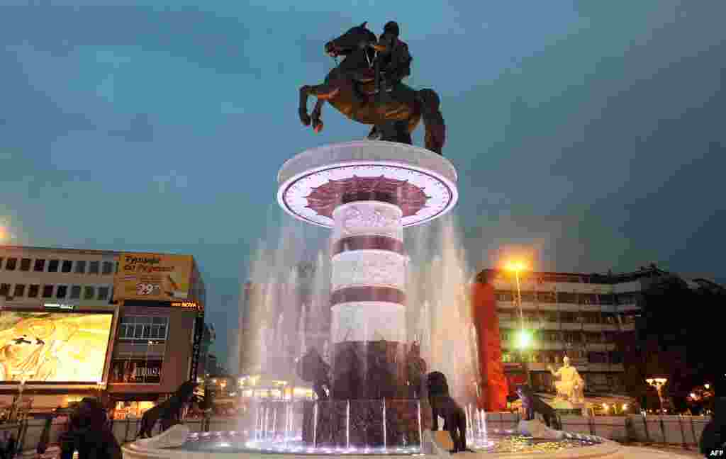 An enormous statue of Alexander of Macedon (commonly known as Alexander the Great) has been erected in Skopje's main square.