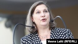 Victoria Nuland, then-assistant secretary of state for European and Eurasian affairs, speaks during a visit to Belgrade in July 2016.