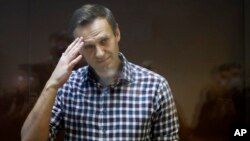 Russian opposition leader Aleksei Navalny stands in a glass cage at a Moscow court hearing on February 20.