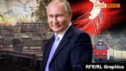 Владимир Путин на фоне военной техники, карты и железной дороги, соединяющей Донбасс с Крымом. Коллаж