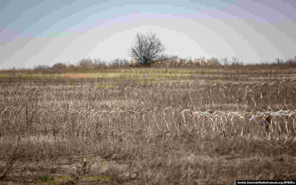 Ряди колючого дроту в полі перед новими позиціями української армії, далі – демілітаризована зона