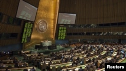Members of the UN General Assembly vote to endorse the Arab League's plan for Syria's president to step aside at the UN's headquarters in New York on February 16.