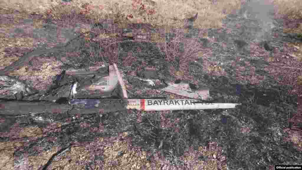 A charred fragment of a Turkish-made Bayraktar drone after the aircraft was reportedly shot down on November 8. 