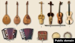 Музыка кораллары: думбра (1-3), кылкубыз (4-7), гармун (8-9), барабан (10-12)