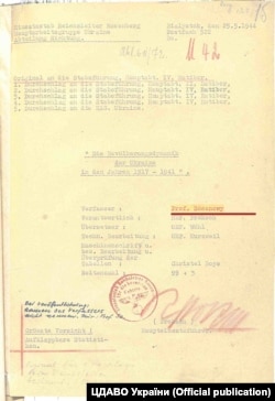 Титульна сторінка дослідження «професора Соснового» зробленого для Оперативного штабу рейхсляйтера Розенберга. Науковець Олександр Салтан стверджує, що це й інші дослідження зроблені для цього відомства належать Тимофію Сосновому