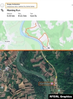 Маршрут, по которому 8 сентября следовал Андреенков, и местонахождение ресторана "Солнечная река" на берегу реки Дрина