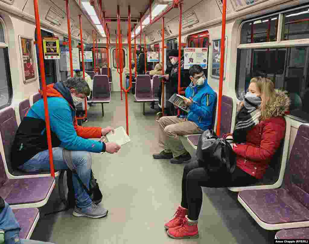 A subway car at 7:40 a.m. on March 17, the day after Prague City Council announced people would be required to wear face masks inside the city's transport network. 