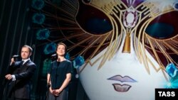 Russian Culture Minister Vladimir Medinsky (left) with actress Darya Moroz at this year's ceremony for the Golden Mask awards, which are one of the country's most prestigious theater prizes. Critics, however, say the awards process may be becoming too ideological and biased.