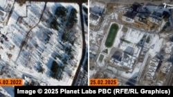 Сравнительный коллаж. Слева — спутниковый снимок пустыря на территории бывшего военного городка в северо-западной части Осиповичей, справа — спутниковый снимок того же места, но с недавно построенными многоэтажными домами и школой со стадионом