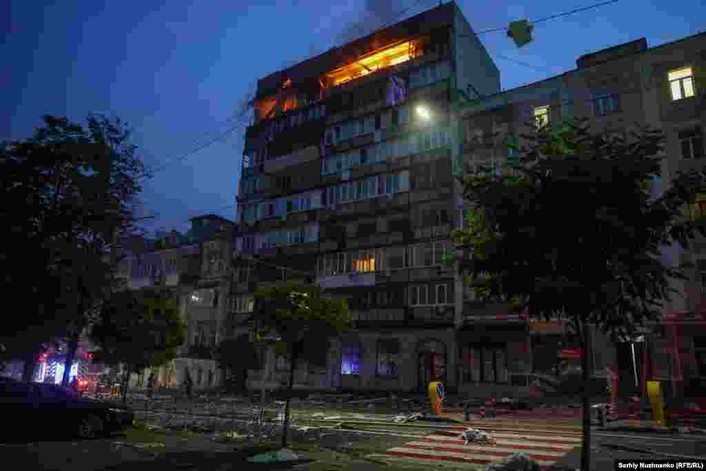 Another apartment burns in Kyiv early on July 10.US President Donald Trump on July 9 voiced frustration at what he described as "bullshit" from peace negotiations with the Kremlin, which turn out to be "meaningless" as major air attacks on Ukraine's civilian centers continue.