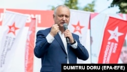 Former Moldovan President Igor Dodon speaks at a campaign rally in Chisinau in the run-up to last weekend's parliamentary elections, which were won by a pro-European grouping founded by the current president, Maia Sandu.