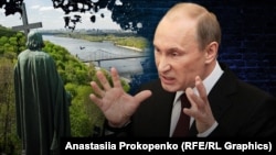 Фотоколаж. Пам’ятник Великому князю Київському Володимиру (960/963 –1015), правителю і хрестителю України-Русі, та президент Росії Володимир Путін