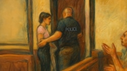 ილუსტრაცია შექმნილია ხელოვნური ინტელექტის მიერ და ეყრდნობა სასამართლოში მყოფი რადიო თავისუფლების ჟურნალისტის ნანახს. 1 ივლისი. თბილისის საქალაქო სასამართლო. ბელა მეი ქალი გაჰყავს ბადრაგს.