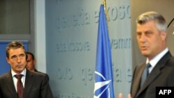 Kosovo Prime Minister Hashim Thaci and NATO Secretary-General Anders Fogh Rasmussen at a joint press conference in Pristina on September 15.