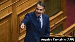 Kyriakos Mitsotakis, the leader of Greece's main opposition party, New Democracy, in parliament on June 14.